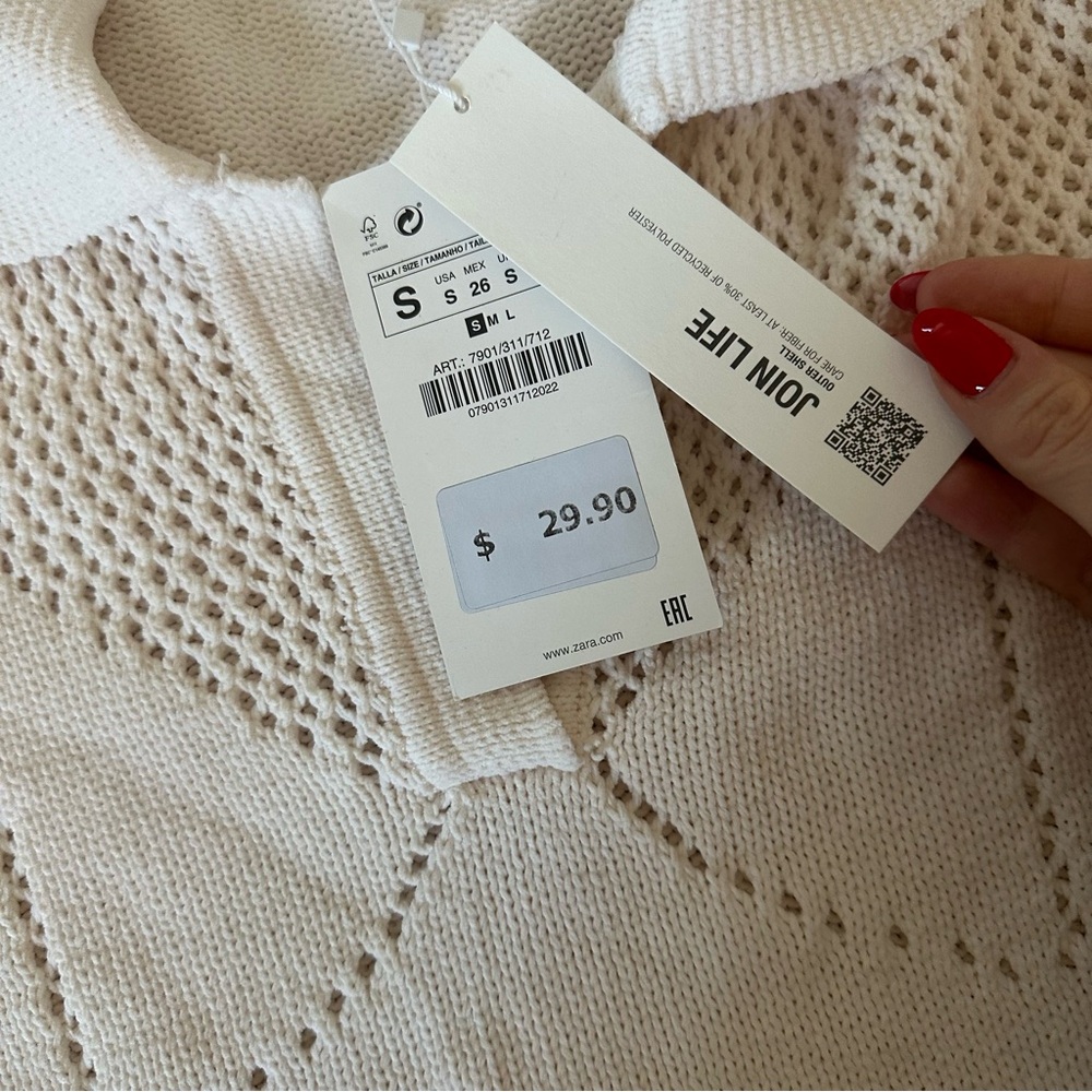 Zara White Open-Knit Polo Short Sleeve Top - Picture 4 of 10